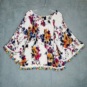 Ali Miles Womens L Floral Bell Sleeve Tassel Trim Boho Blouse Top